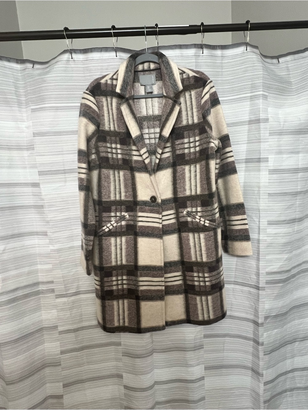 KENAR Neutral Plaid Longline Sweater Coat Jacket Size L